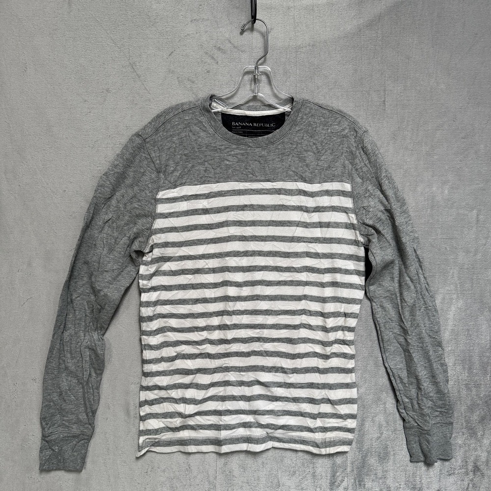 Banana Republic Shirt Mens Small Gray White Striped Thermal Long Sleeve Crewneck